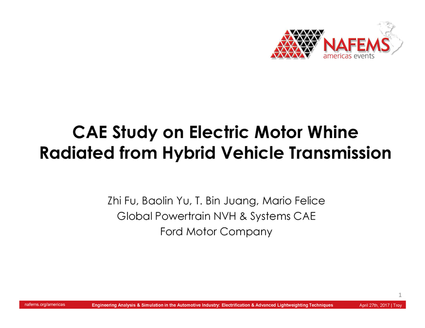 NAFEMS Analytical Study on Electric Motor Whine Radiated from Hybrid